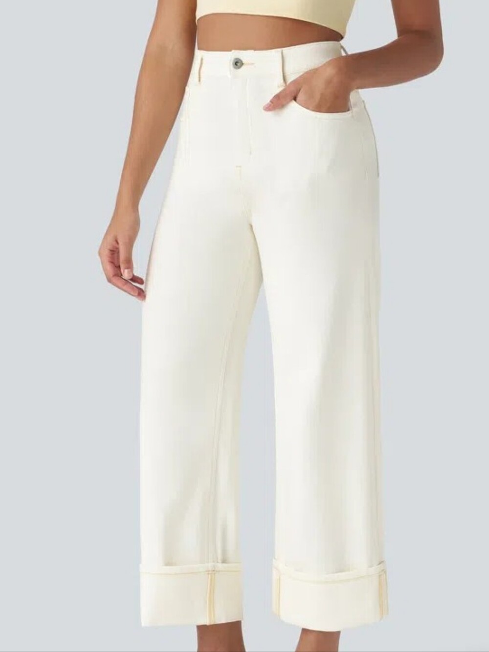 HALARA Medium Cream Wide Leg High Rise Jean -Folded Hem, Zipper & Button Closure